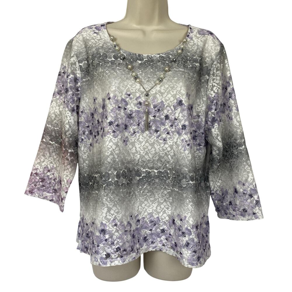 Alfred Dunner Lace Top Petite XL Purple Floral Necklace Detail Grandmacore PXL